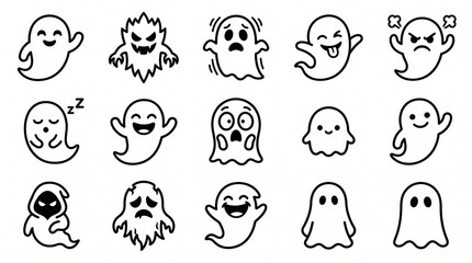 Fototapeta premium Cute ghost icons set, 15 cartoon ghost characters with different emotions, Halloween spooky line art collection for stickers and decor