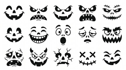 Fototapeta premium Halloween pumpkin faces collection, 15 spooky jack o lantern silhouettes, creepy monster facial expressions for autumn holiday decor
