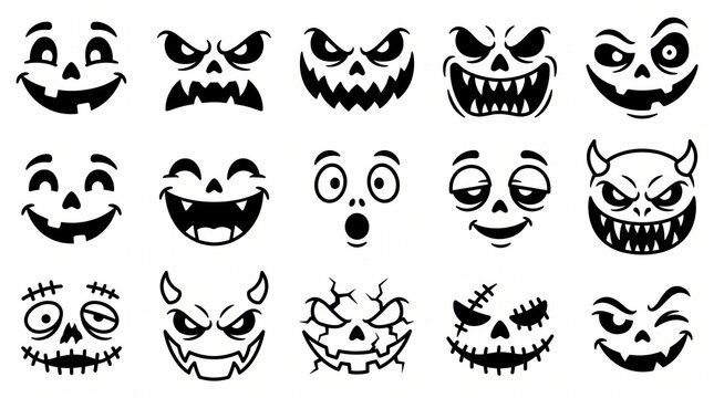 Halloween pumpkin faces collection, 15 spooky jack-o-lantern expressions, scary monster and ghost face silhouettes for carving