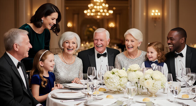 A multi-generational family dressed in formal attire enjoying a celebratory dinner at an elegant event.