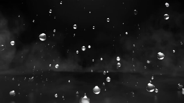 Floating water droplet explosion on black background with isolated shiny sphere, abstract rain effect, white vapor cloud, soft mist shape, smoke cloud, dramatic contrast, floating splash particles