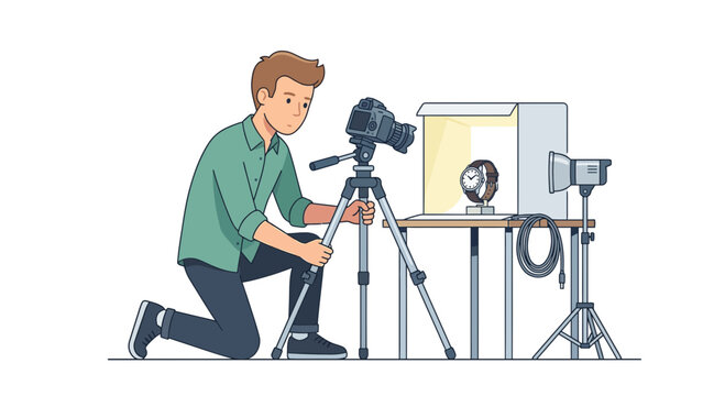 Professional product photographer adjusting camera on tripod for luxury watch photoshoot flat vector element