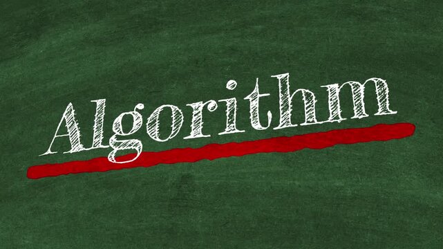 Word Algorithm Handwritten in White Chalk with Red Underline on Black Chalkboard Symbolizing Computer Logic, Data Science, Coding Automation, Machine Learning, and Software Engineering Concept