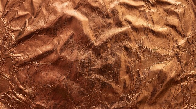Crumpled copper foil texture shiny metallic background surface full frame