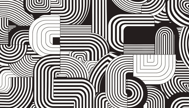 Abstract geometric pattern, black and white, retro stripes, curved lines, optical illusion