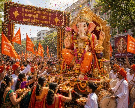 People welcoming lord ganesha statue or sculpture in maharashtra celebrating lord ganesha festival