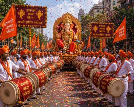 People welcoming lord ganesha statue or sculpture in maharashtra celebrating lord ganesha festival