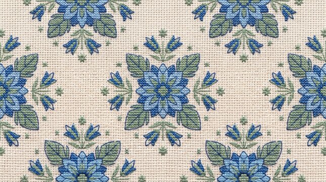 Blue floral cross stitch pattern seamless background texture