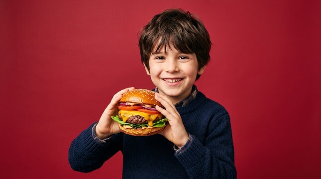 Commercial studio photography of a young boy holding a fresh sesame seed burger with green microgreens and savoring the bite with eyes closed against a solid red background &ndash; fast food marketing, kids