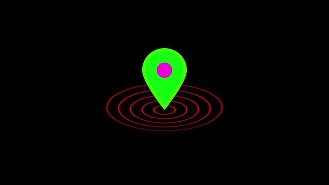 Animated map pin location marker with expanding red signal waves on black background, navigation geolocation
