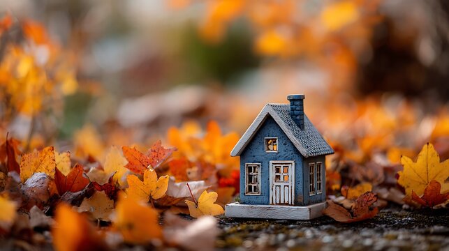 Miniature House on Autumn Leaves &ndash; Cozy Fall Storybook Photography with Golden Bokeh Background