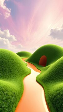 Serene Green Rolling Hills with a Flowing Orange River and Tunnel Cave