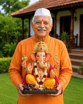 Indian senior man holding lord ganesha sculpture celebrating lord ganesha statue