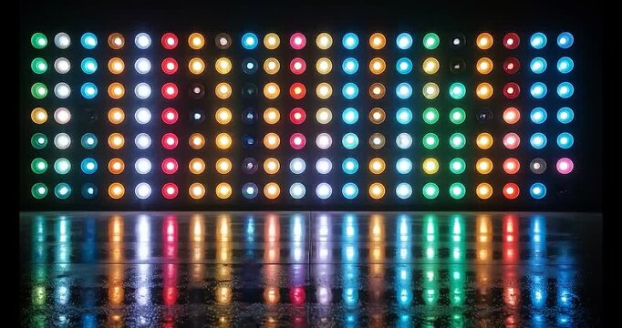 A wall of vibrant multi-colored circular LED lights flashing and reflecting on a glossy dark studio floor