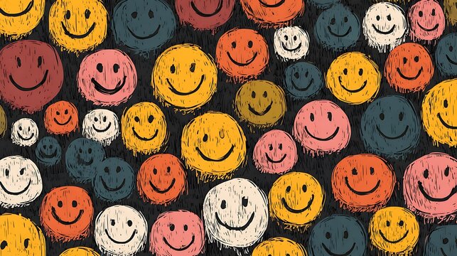 Retro Smiley Face Pattern on Dark Background &ndash; Colorful Doodle Art Design for Happy Branding