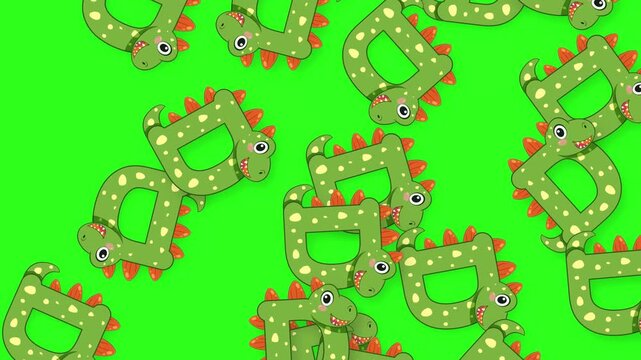 Animated Cartoon Dinosaur Letter D Falling on Green Screen Background