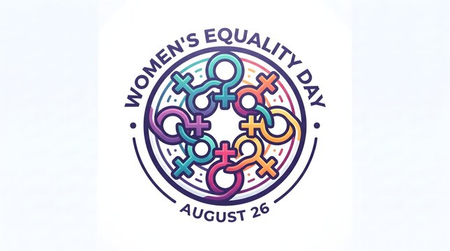 Women's equality day emblem circular design with interconnected female gender symbols, equality
