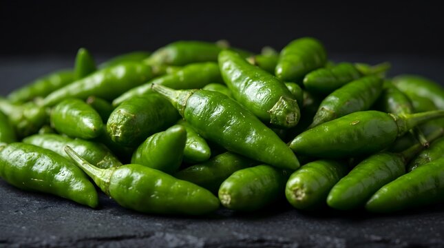 Fresh green chili peppers piled on dark stone background.