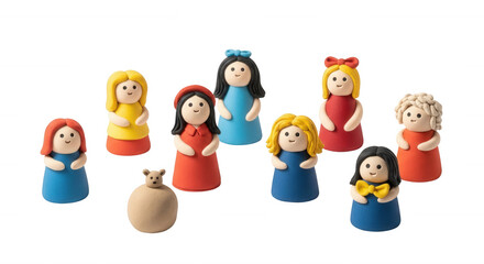 Fototapeta premium miniature clay figures of young women and a bear on a white background suggesting a fairytale theme for child?s play or educational resources