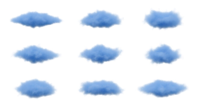 nine fluffy blue cloud formations on a plain white background weather sky or design element usage