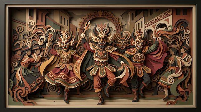 Traditional carnival devil dance in layered paper art style
