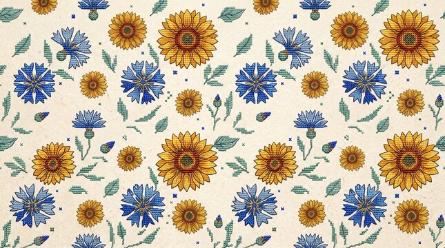 Cross stitch embroidery pattern with sunflowers and cornflowers on light fabric background