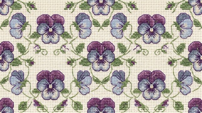 Purple pansy flower cross stitch embroidery seamless pattern on aida cloth