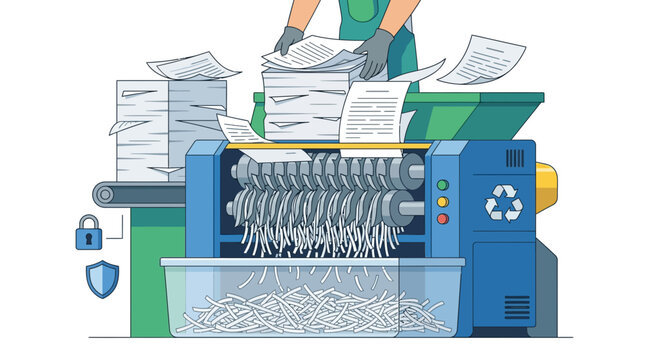 Industrial paper shredder machine destroying confidential documents for recycling and security flat vector illustration.
