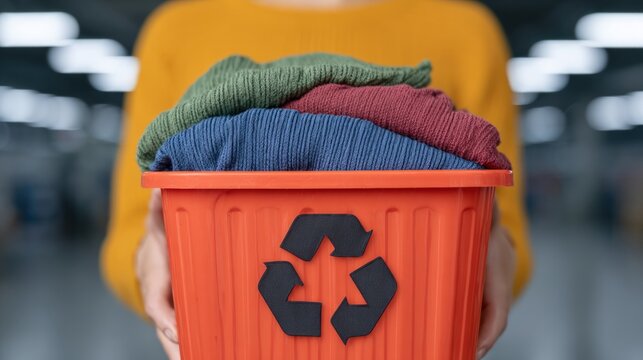 Person holding orange bin of used clothing for circular economy fashion recycling and sustainable textile waste management initiatives