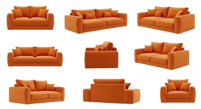 orange sofas showcased on a clean white background presenting various angles for interior design concepts