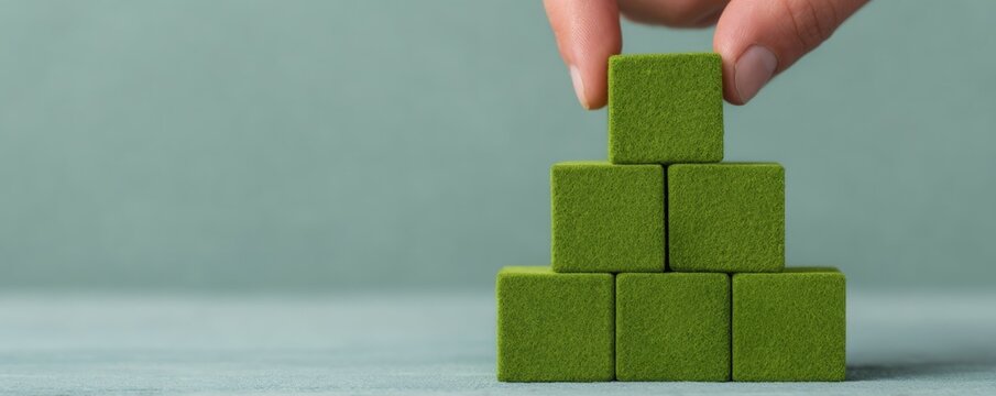 Hand placing green block on pyramid stack representing sustainable growth and clean tech investment strategy for corporate environmental responsibility