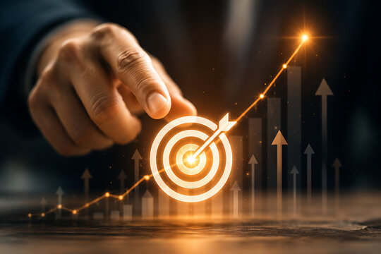 Hand pointing to glowing with upward trending graph during business growth concept with warm lighting