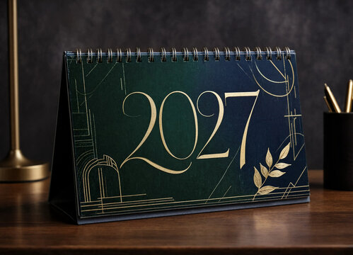 2027 desk calendar with gold elegant design on a wooden table