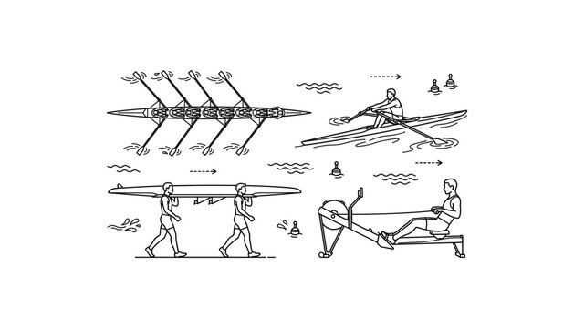 Rowing Water Sport Vector Set with Athletes Training on Boat Rowing Machine and Carrying Canoe Line Art Illustration