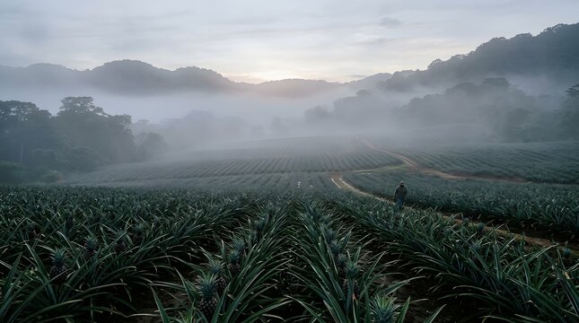Mist covering pineapple plantation field at sunrise with farmer working in rural countryside
