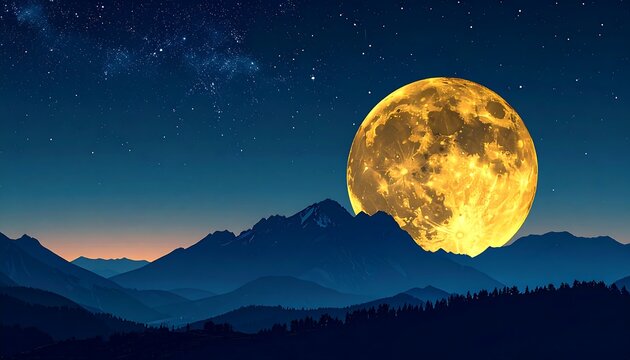 Giant golden full moon rising behind mountain silhouettes under starry night sky