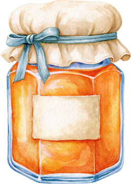 Watercolor illustration of an apricot jam jar with a cloth cover isolated on transparent background.