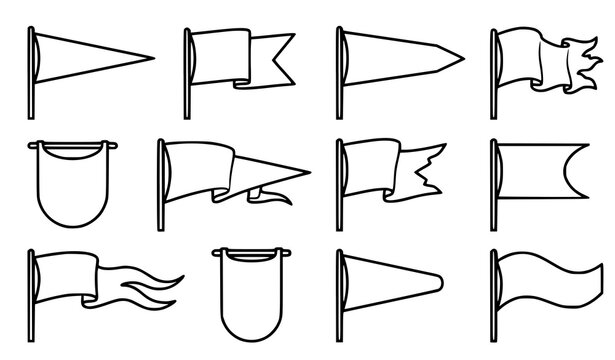 Retro Black Heraldic Pennant Flag Outline Vector Set with Medieval Wavy Triangular Banners