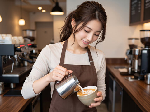 ポニーテールで茶色の前掛け姿のバリスタがラテにミルクを注ぐ女性