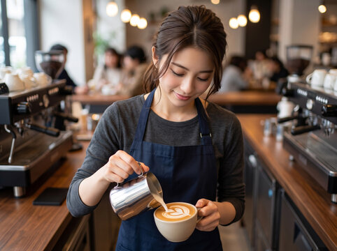 ラテアートの仕上がりに目を向けながらミルクを注ぐ店員の女性