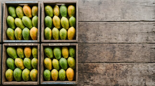 Flat lay of fresh organic papayas in wooden boxes with empty rustic wood copy space