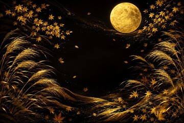 Naklejka premium 金色に輝く満月とススキ、紅葉を描いた幻想的な秋の和風フレーム背景｜Golden full moon over Japanese pampas grass and autumn maple leaves in an elegant mystical night landscape with a dark background and open space