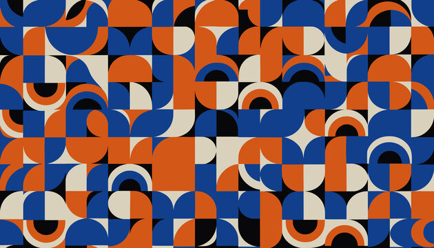 Abstract geometric pattern, circles, squares, orange, blue, beige, black.
