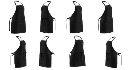 Naklejka premium eight black aprons in multiple angles isolated on white background cooking baking or protection in a studio