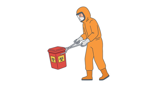 Scientist in orange hazmat suit handling biohazard waste container with tongs for safety protocol flat vector element.