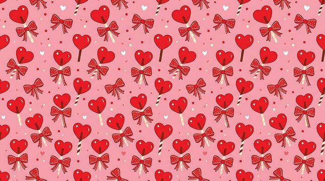 Seamless pattern with heart lollipops and bows on pink background