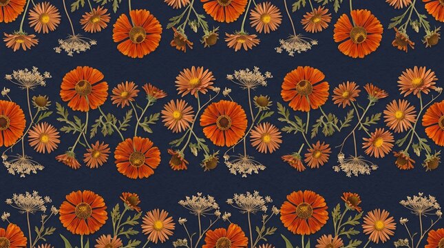 Orange daisy and Queen Anne's lace floral seamless pattern on dark blue background