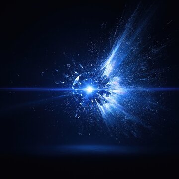 A stunning conceptual image of a frozen blue explosion featuring brilliant light, glowing particles, and flying ice shards against a dark background.