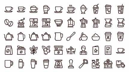 Fototapeta premium Comprehensive vector graphic icon set displaying various coffee brewing equipment and delicious hot beverage drink options