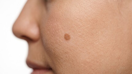 Fototapeta premium Close up profile view of benign brown melanocytic nevus mole on female cheek skin